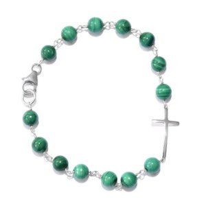 African Malachite Sterling Silver Side Cross Bracelet
